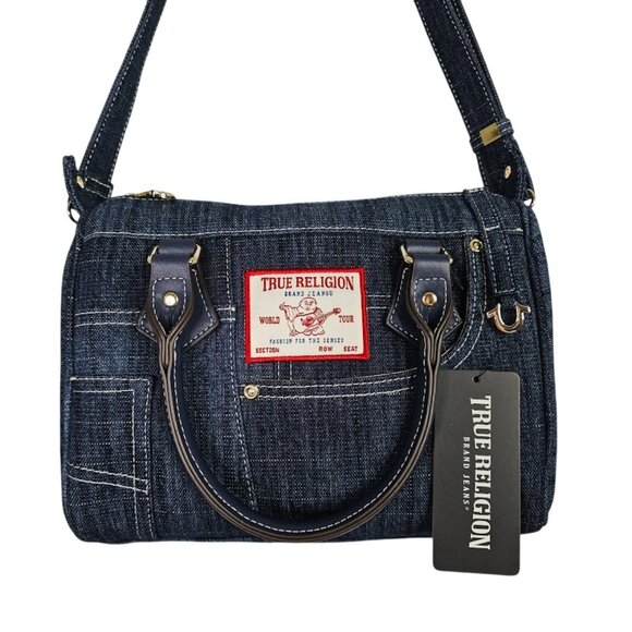 NWT TRUE RELIGION JEANS Satchel Shoulder Bag DARK BLUE DENIM Crossbody Pockets - Picture 1 of 15